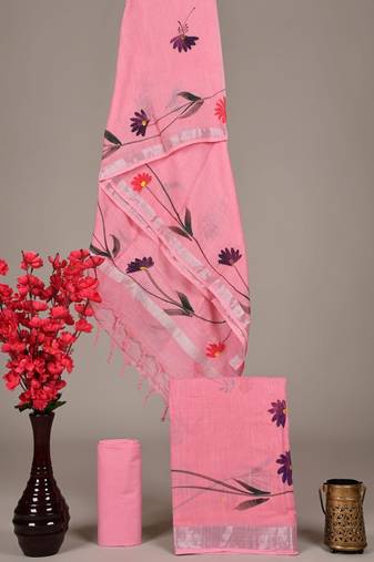Pink bagru hand block printed linen suits with zari border