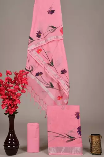 Pink bagru hand block printed linen suits with zari border