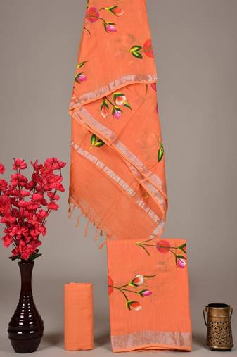 Orange bagru hand block printed linen suits with zari border