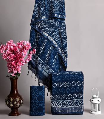 Blue bagru hand block printed linen suits with zari border 1