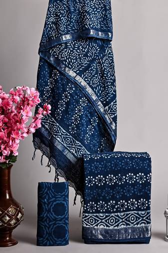 Blue bagru hand block printed linen suits with zari border