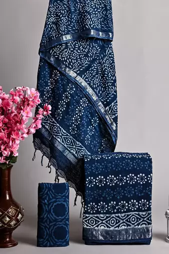 Blue bagru hand block printed linen suits with zari border