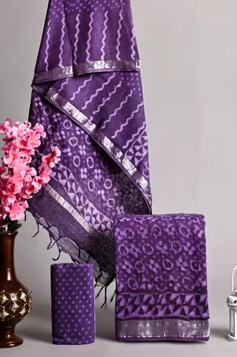 Purple bagru hand block printed linen suits with zari border