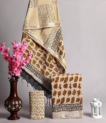Beige bagru hand block printed linen suits with zari border 1
