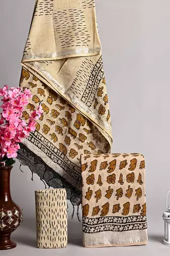 Beige bagru hand block printed linen suits with zari border