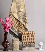 Beige bagru hand block printed linen suits with zari border