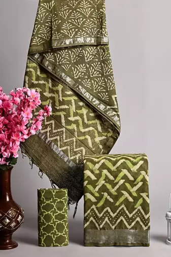 Green bagru hand block printed linen suits with zari border