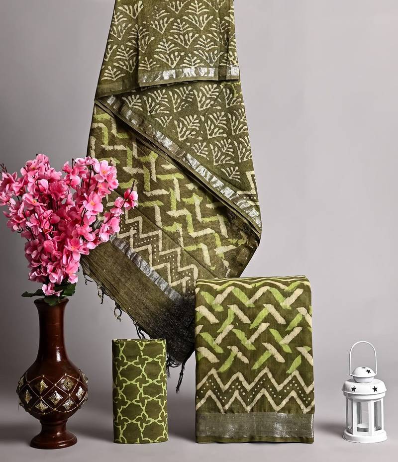 Green bagru hand block printed linen suits with zari border