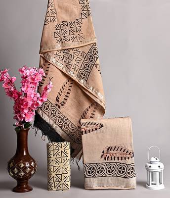Beige bagru hand block printed linen suits with zari border 1