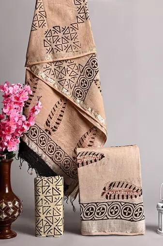 Beige bagru hand block printed linen suits with zari border
