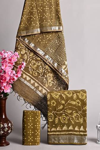Mehendi bagru hand block printed linen suits with zari border