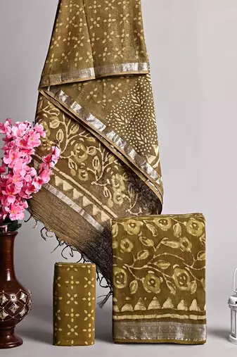 Mehendi bagru hand block printed linen suits with zari border
