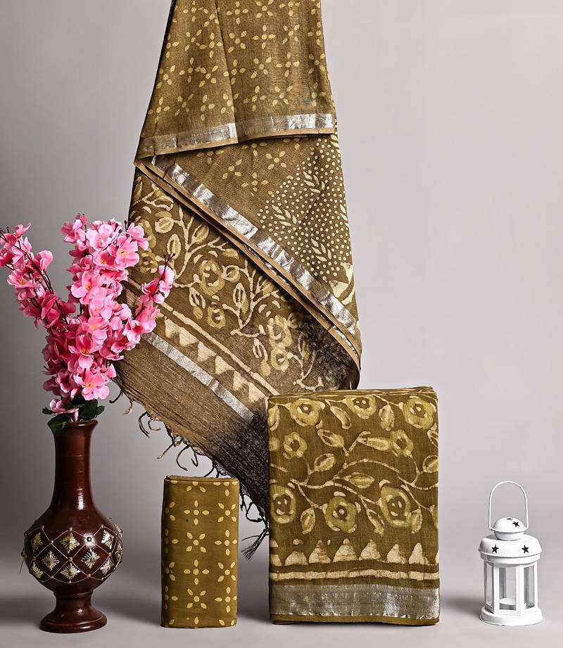 Mehendi bagru hand block printed linen suits with zari border
