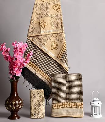 Cream bagru hand block printed linen suits with zari border 1