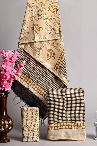 Cream bagru hand block printed linen suits with zari border