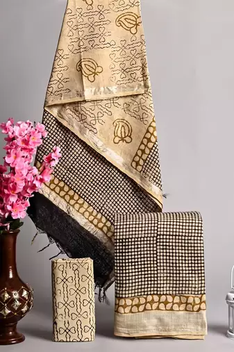 Cream bagru hand block printed linen suits with zari border