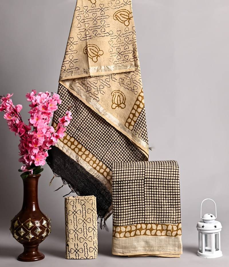 Cream bagru hand block printed linen suits with zari border