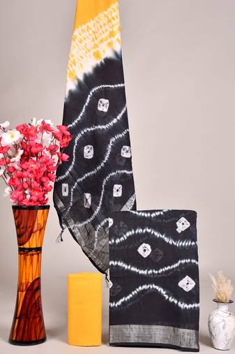 Black bagru hand block printed linen suits with zari border