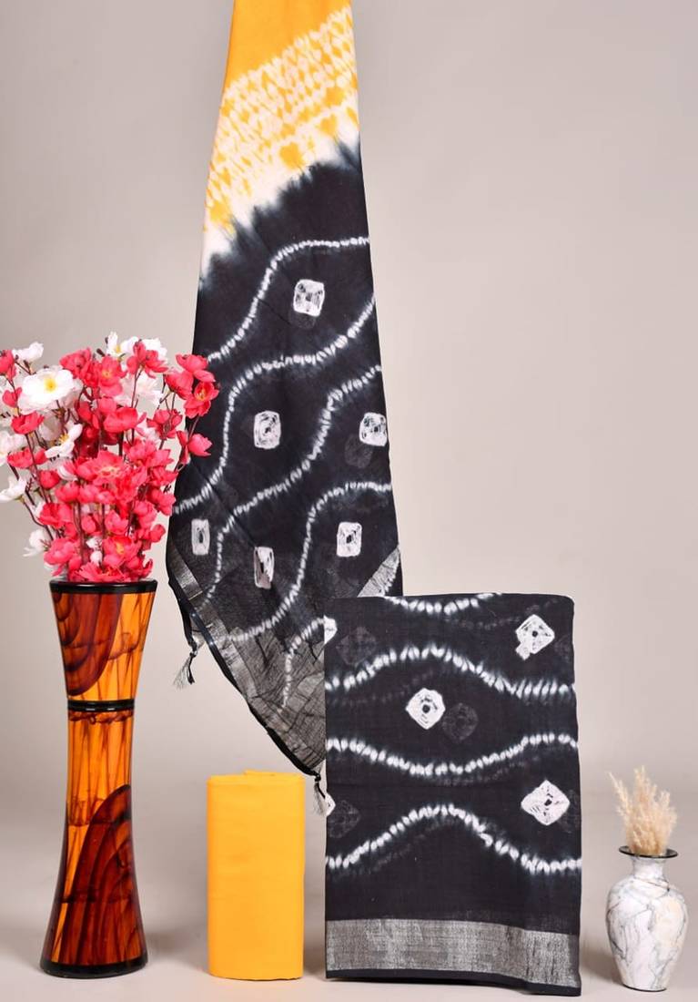 Black bagru hand block printed linen suits with zari border