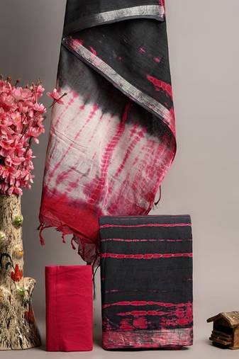 Black bagru hand block printed linen suits with zari border