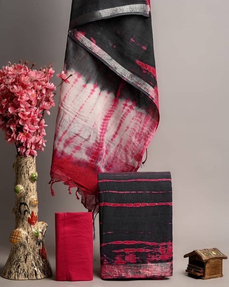 Black bagru hand block printed linen suits with zari border