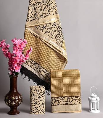 Beige bagru hand block printed linen suits with zari border 1
