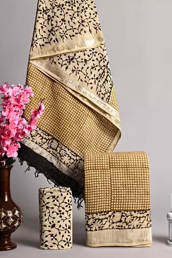 Beige bagru hand block printed linen suits with zari border