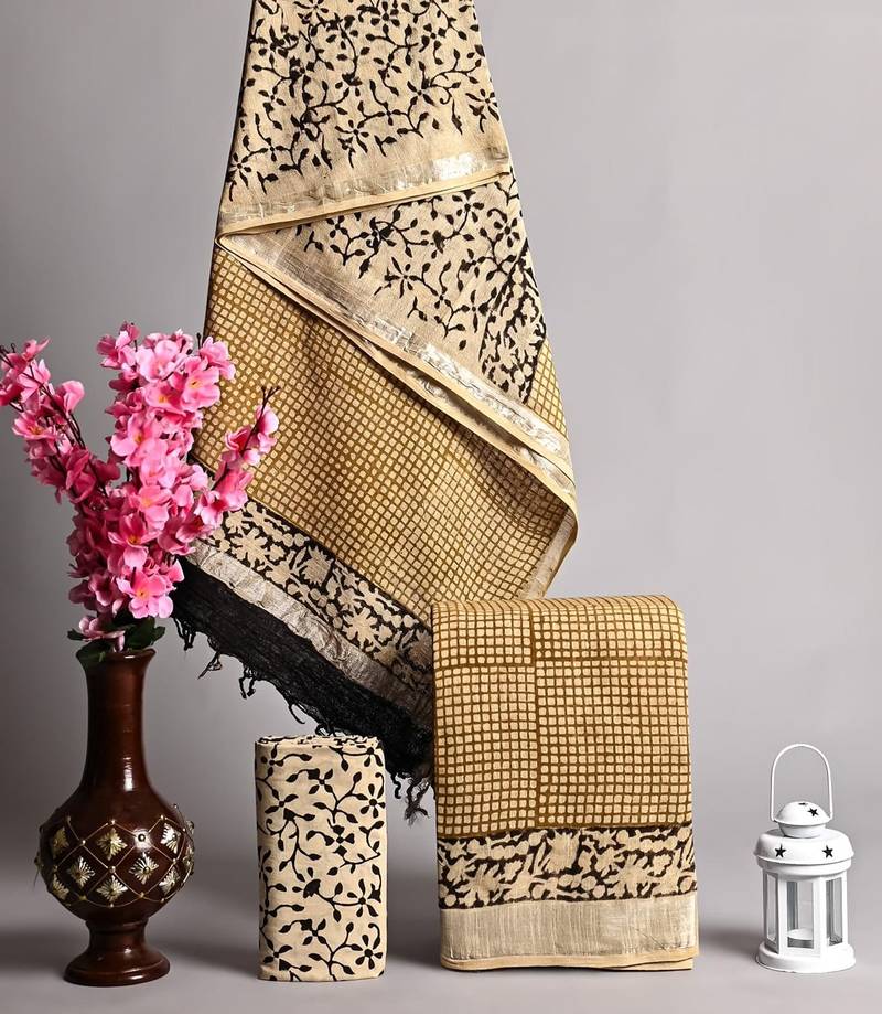Beige bagru hand block printed linen suits with zari border