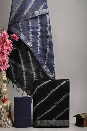 Black bagru hand block printed linen suits with zari border