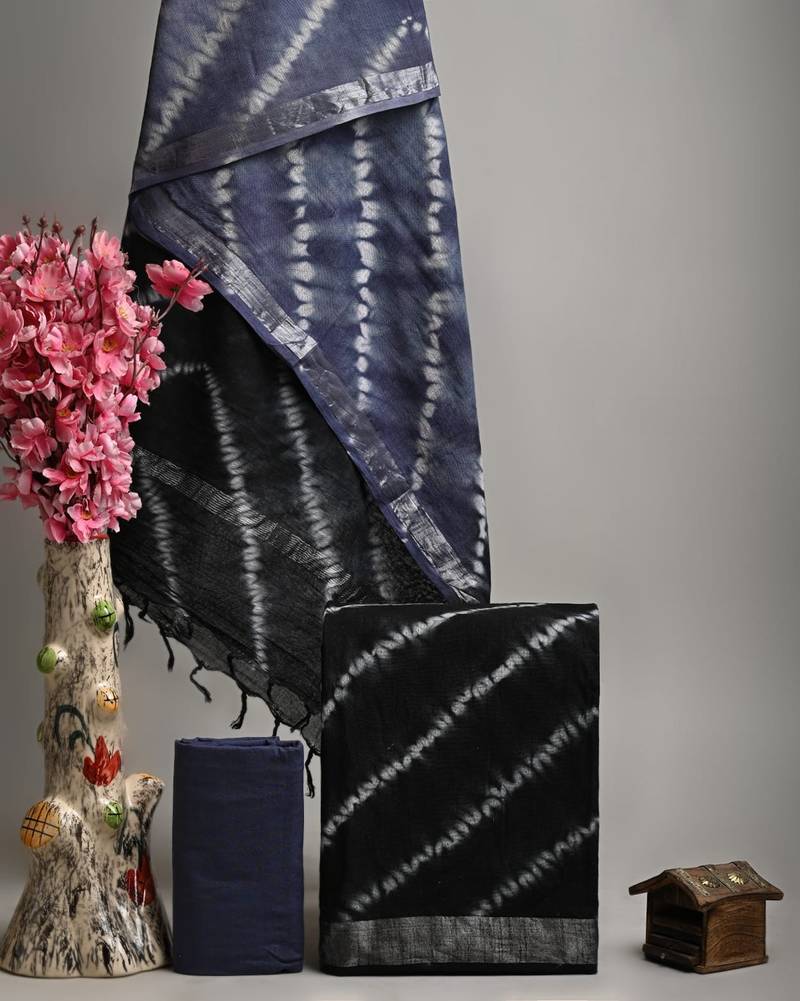 Black bagru hand block printed linen suits with zari border