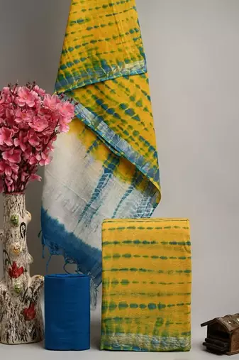 Yellow bagru hand block printed linen suits with zari border