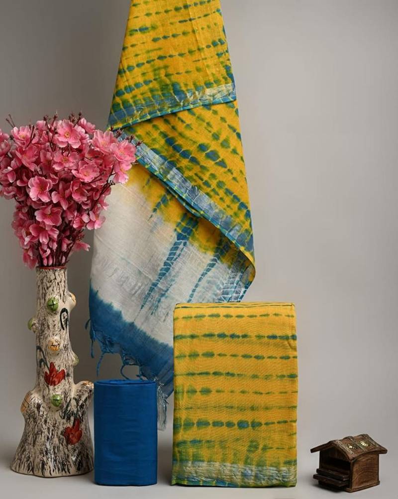 Yellow bagru hand block printed linen suits with zari border