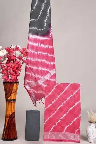 Pink bagru hand block printed linen suits with zari border
