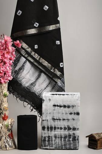 Black bagru hand block printed linen suits with zari border