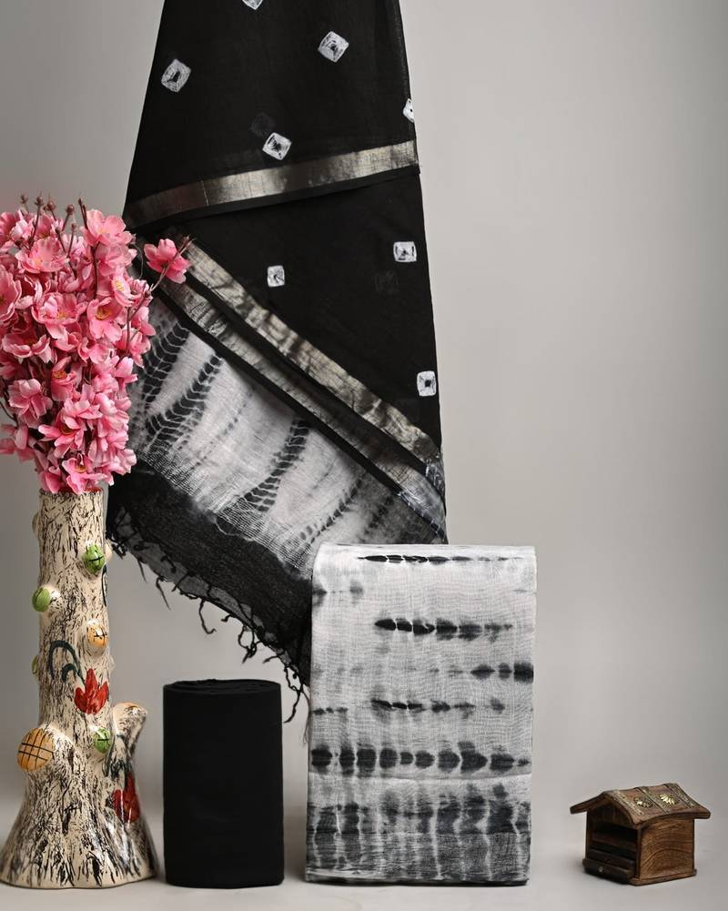 Black bagru hand block printed linen suits with zari border