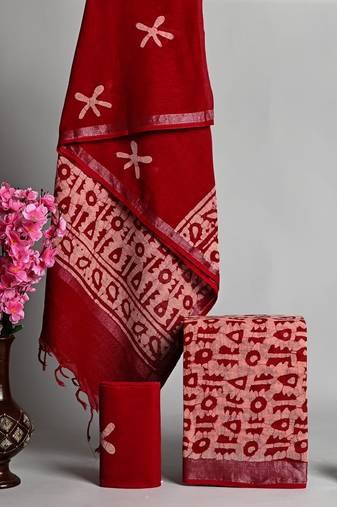 Red bagru hand block printed linen suits with zari border