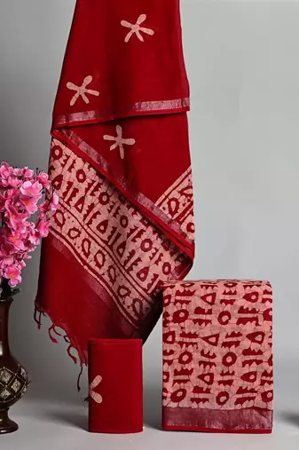 Red bagru hand block printed linen suits with zari border