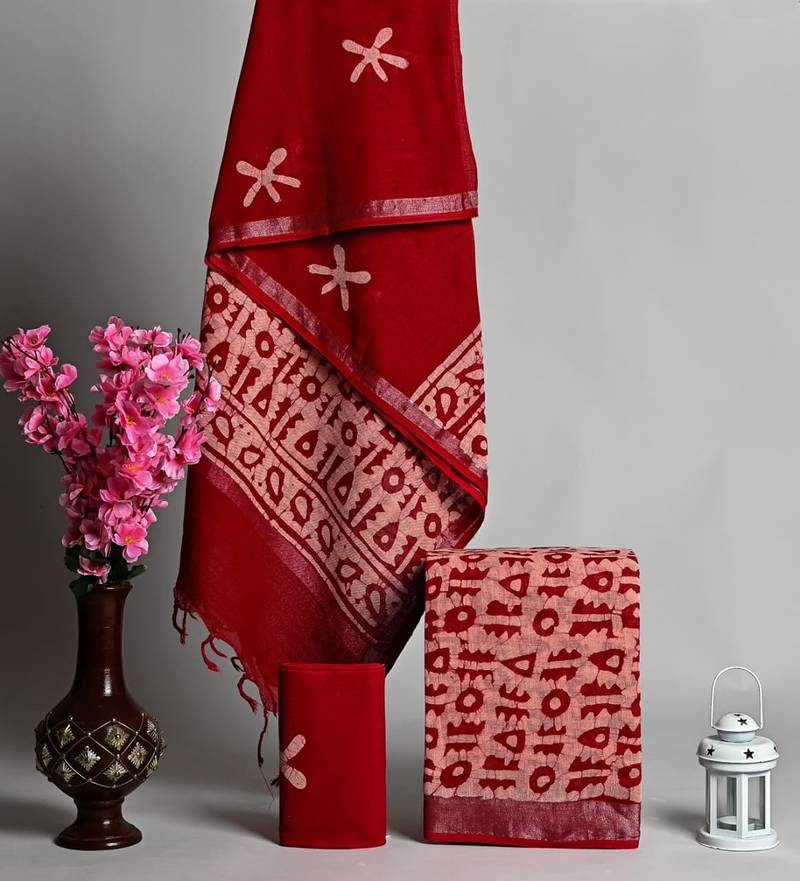 Red bagru hand block printed linen suits with zari border