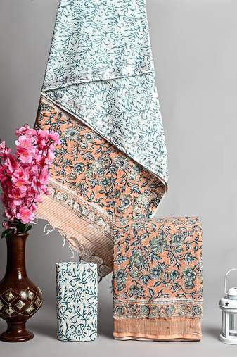 Multicolor bagru hand block printed linen suits with zari border