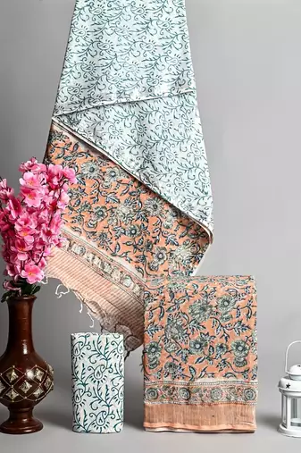 Multicolor bagru hand block printed linen suits with zari border