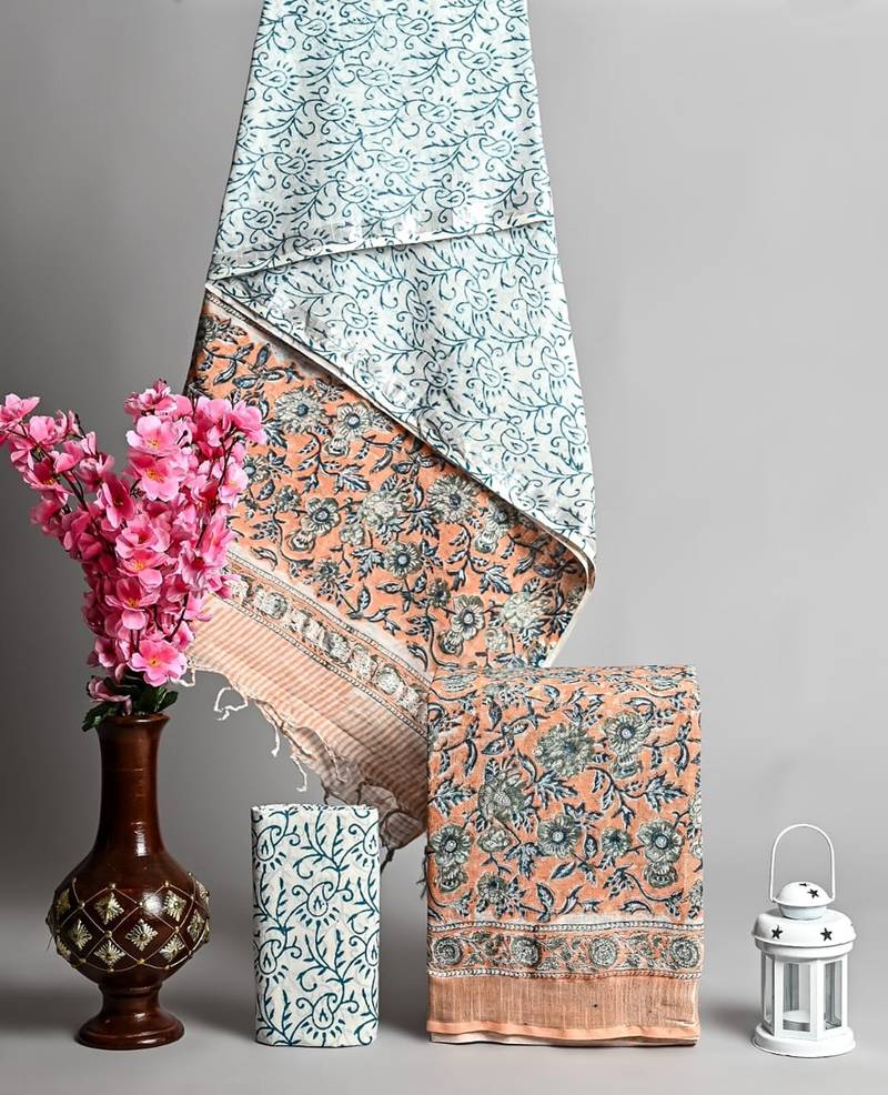 Multicolor bagru hand block printed linen suits with zari border