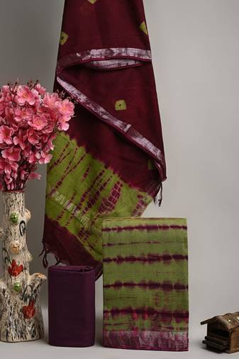 Green bagru hand block printed linen suits with zari border