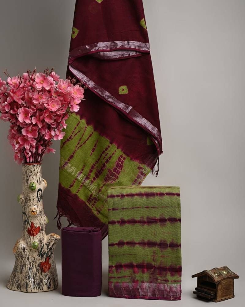 Green bagru hand block printed linen suits with zari border