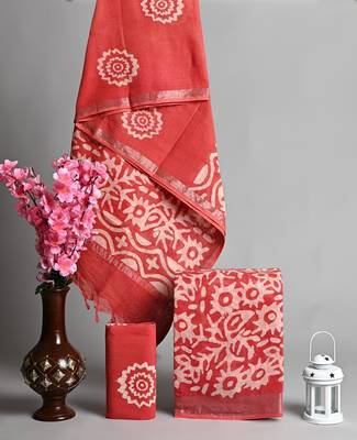 Peach bagru hand block printed linen suits with zari border 1