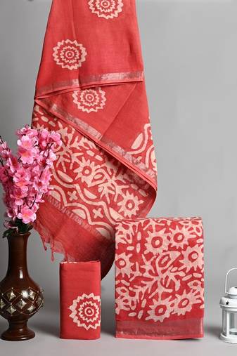Peach bagru hand block printed linen suits with zari border