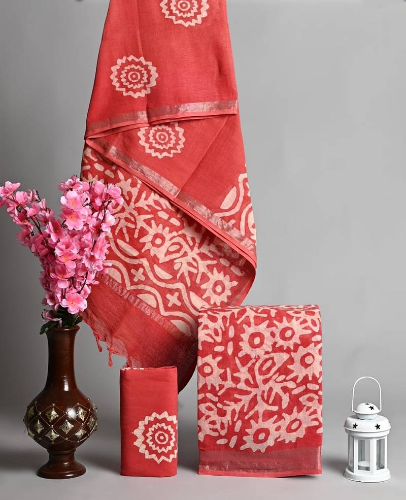 Peach bagru hand block printed linen suits with zari border