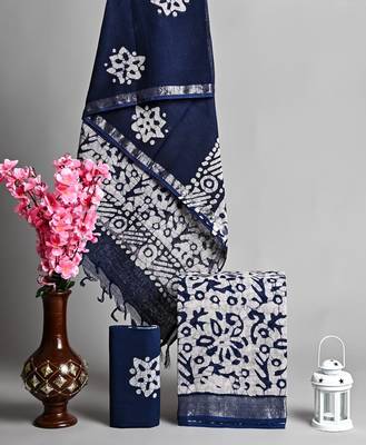 Navy blue bagru hand block printed linen suits with zari border 1