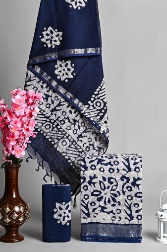 Navy blue bagru hand block printed linen suits with zari border