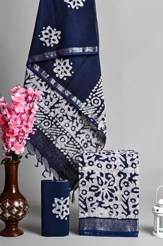 Navy blue bagru hand block printed linen suits with zari border