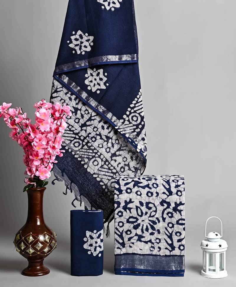 Navy blue bagru hand block printed linen suits with zari border